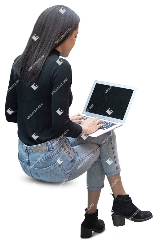 Woman with a computer writing cut out pictures (13930)