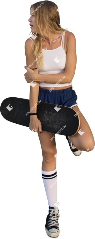 Woman with a skateboard standing entourage people (6738)