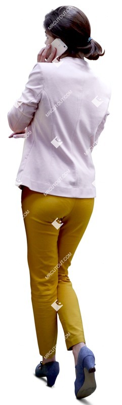 Woman with a smartphone walking people cutouts (6355)