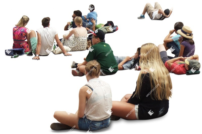 People png sitting on the ground in a park on a cloudy day in summer 